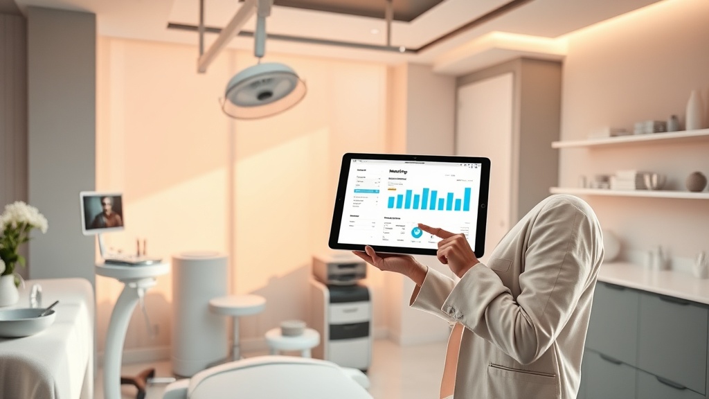 A sleek, modern aesthetic clinic interior bathed in warm, natural light, where a professional marketing consultant points at a glowing tablet screen displaying a digital marketing dashboard, surrounded by subtle medical equipment and soothing spa elements in soft pastel tones.