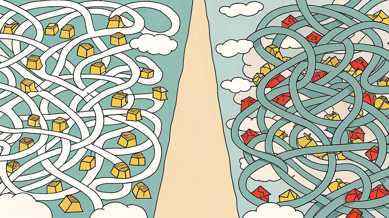 A visual metaphor contrasting a chaotic, winding path representing tactical execution with a clear, straight path representing strategic planning.