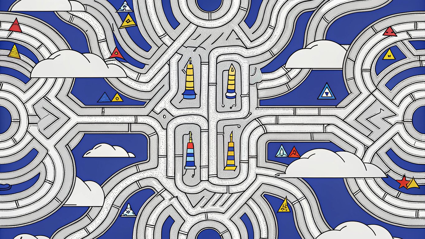 A complex maze with regulatory symbols, illustrating the intricate compliance requirements for aesthetic clinics.