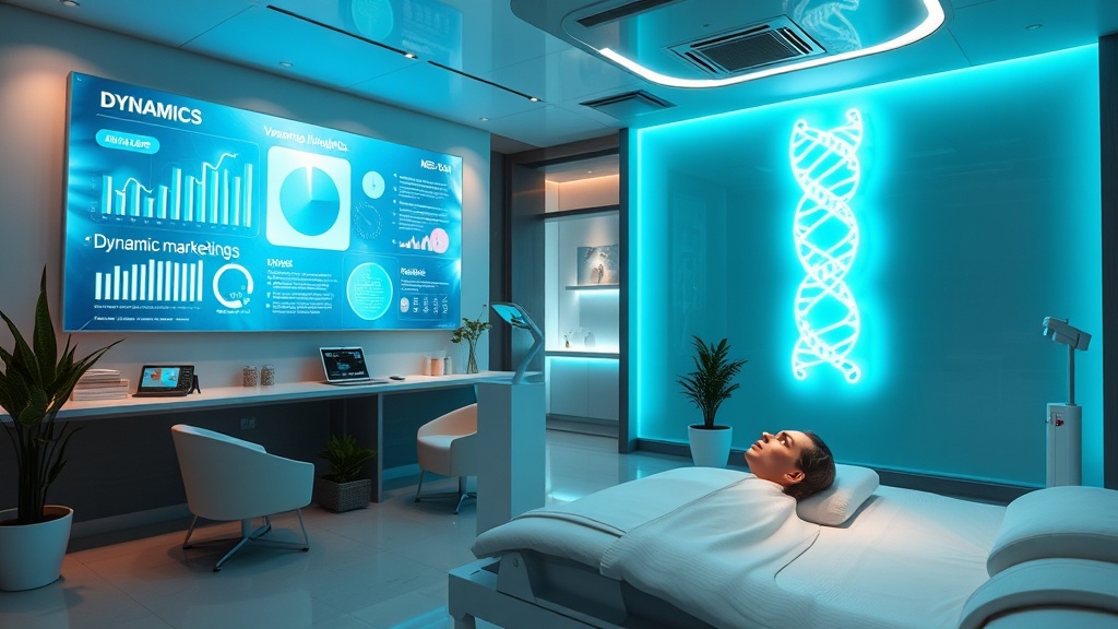 A sleek, modern med spa lobby with holographic screens displaying dynamic marketing analytics, a patient receiving a laser treatment, and a glowing neon sign featuring a stylized DNA helix, all bathed in soothing teal and blue lighting.