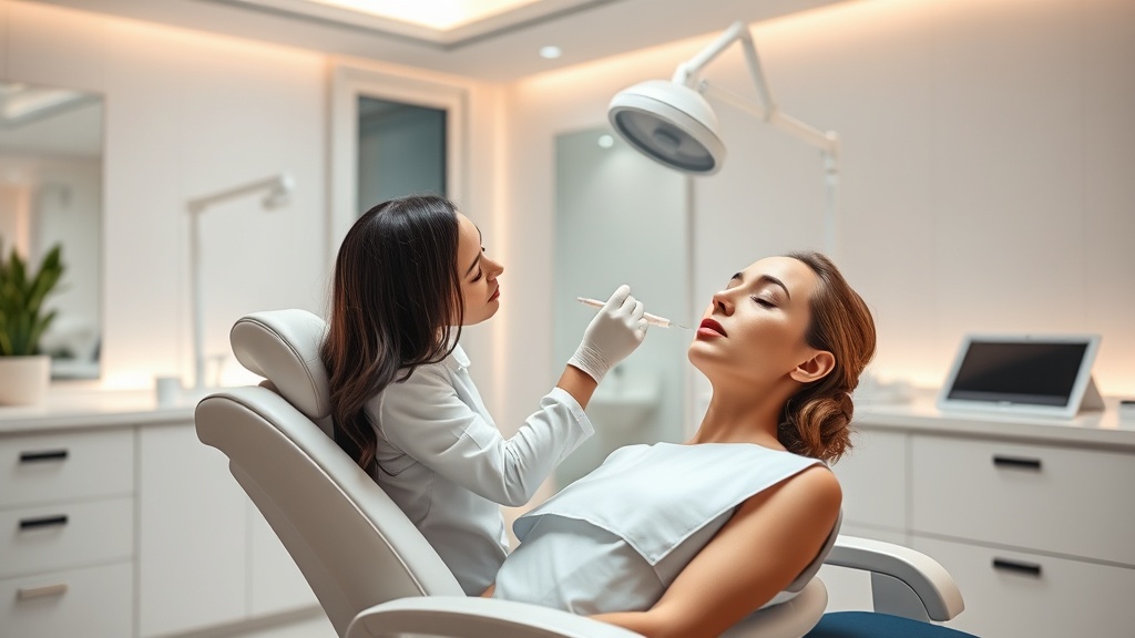 A polished, contemporary medical spa interior with a woman in a spa chair receiving a Botox injection, surrounded by subtle digital ad icons and soft pastel lighting, conveying trust, professionalism, and the high-end, research-driven decision-making of clients.