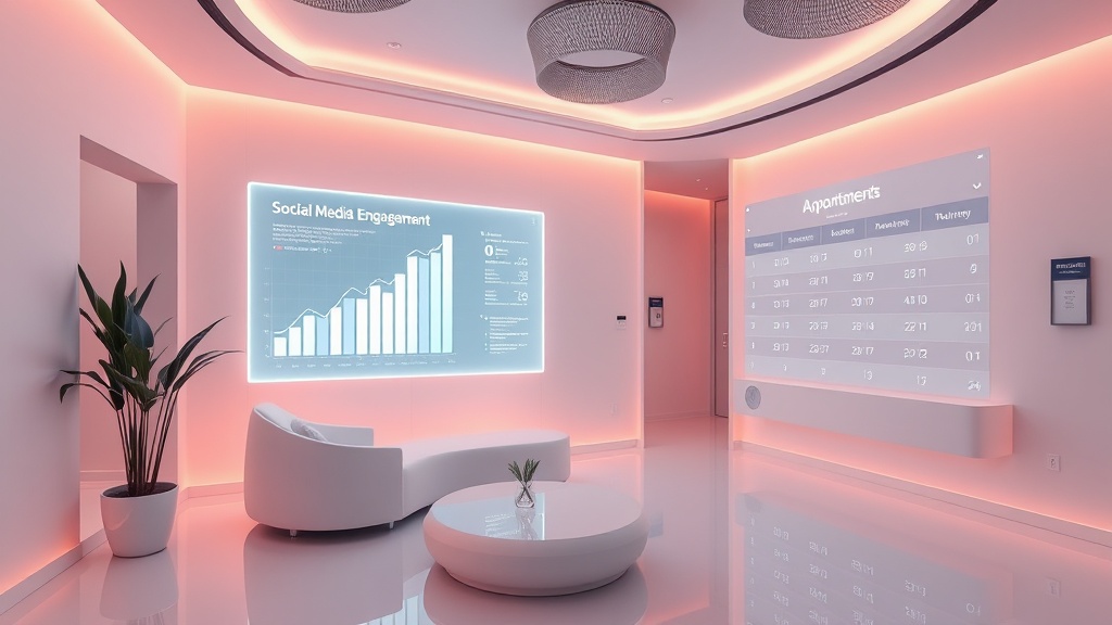 A sleek, modern aesthetic clinic lobby bathed in pastel lighting, featuring a holographic screen displaying rising social media engagement metrics and a digital calendar with glowing appointment slots.