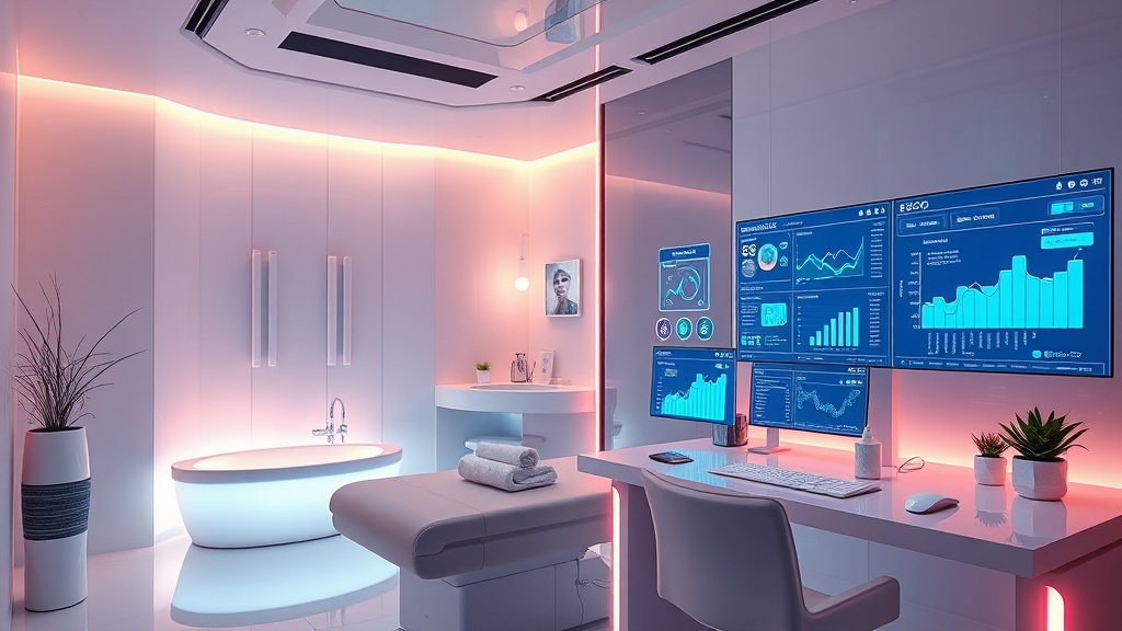 A sleek, futuristic med‑spa interior with a serene treatment room bathed in soft pastel light, juxtaposed with a high‑tech workstation displaying glowing digital analytics dashboards, SEO graphs, and social media feeds, all illuminated by subtle LED accents.