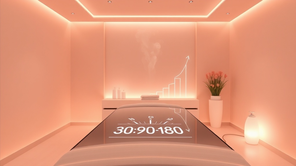 A serene, modern med spa interior bathed in soft pastel light, featuring a sleek glass treatment table with a glowing digital display showing a 30‑90‑180 day countdown, subtle upward graph lines, and gentle steam rising, evoking a calm yet dynamic patient growth plan.