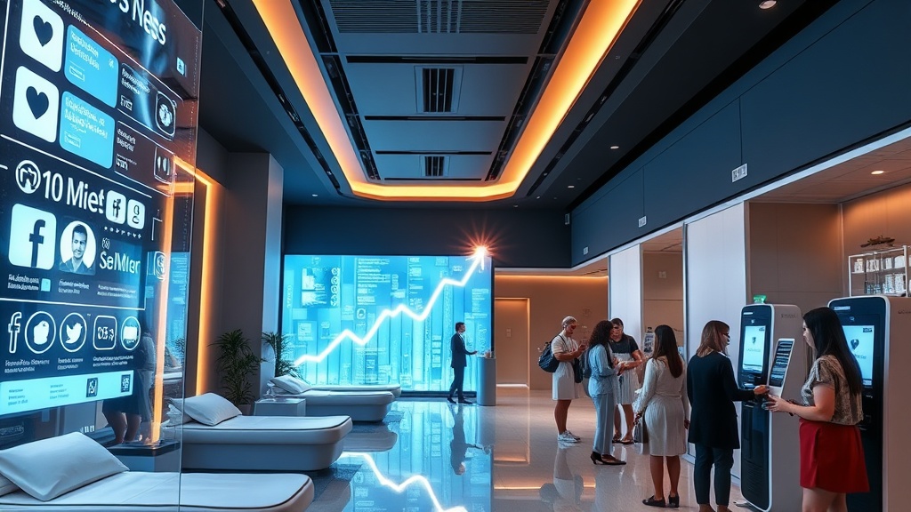A sleek, modern med spa interior with holographic digital screens displaying social media feeds and a glowing upward‑trending graph, surrounded by serene, high‑tech treatment rooms and a diverse clientele interacting with touch‑screen payment kiosks.