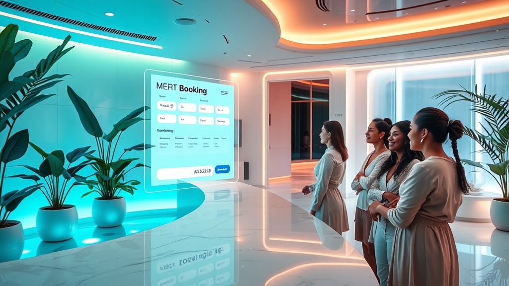 A sleek, futuristic med‑spa lobby bathed in soft teal and rose‑gold lighting, with a holographic booking interface hovering above a polished marble counter, while a diverse group of clients watches the glowing screen and smiles amid lush plants and tranquil water features. The scene conveys high‑tech convenience and personalized care, inviting viewers to explore strategies to boost bookings in 2026.