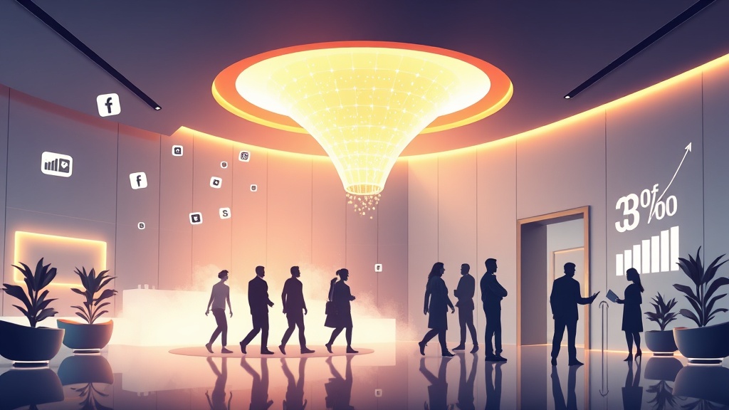 A sleek, high‑contrast illustration of a glowing digital funnel descending into a luxurious med spa lobby, with a stream of stylized patient silhouettes entering, some fading into a subtle mist, surrounded by floating Facebook ad icons and rising cost graphs, all rendered in a polished, modern aesthetic.
