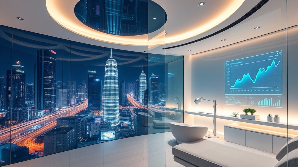 A sleek, ultra‑modern med spa interior with crystal‑clear glass walls, soft ambient lighting, and a holographic marketing dashboard projecting vibrant analytics, surrounded by a bustling cityscape at night that reflects the competitive, high‑tech atmosphere of 2026.