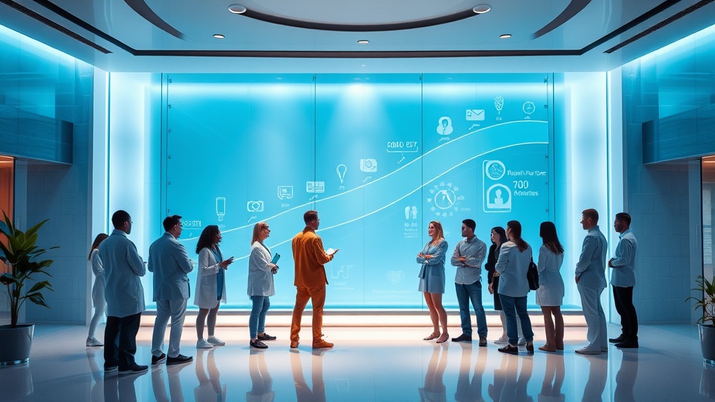 A sleek, futuristic med‑spa lobby bathed in soft blue and white lighting, with a holographic roadmap projected onto a glass wall showing ascending curves and icons of patient care, while a diverse group of clinicians and marketers stand around the display engaging in dynamic discussion.