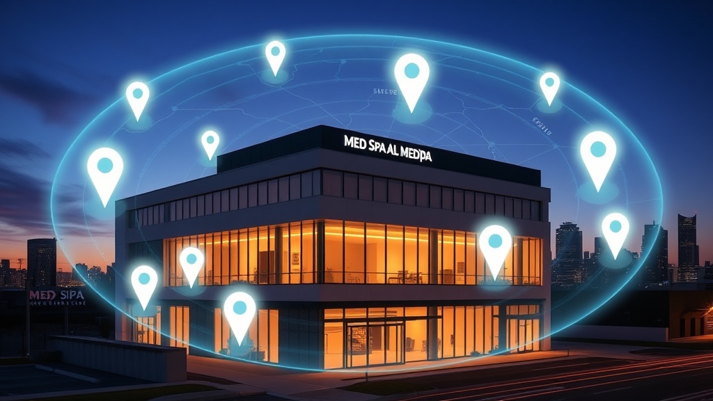 A sleek, modern med spa building illuminated at dusk, surrounded by a glowing digital map overlay showing a 10‑mile radius with pin markers. The subtle city skyline in the background evokes local reach.