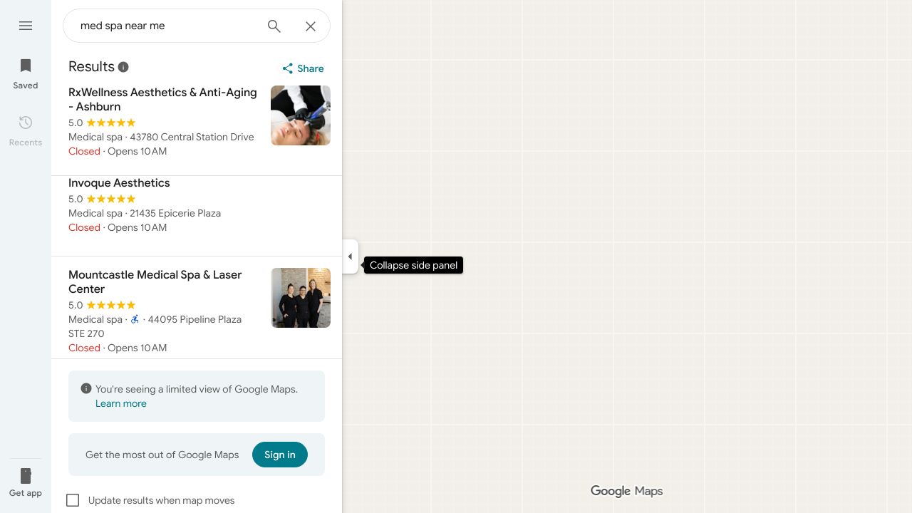 Google Maps search results showing local med spa listings with business profiles and reviews.
