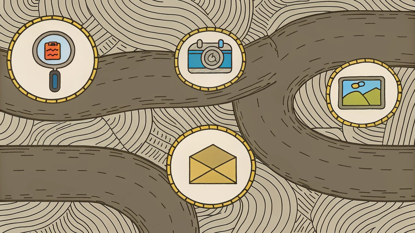 Visual representation of a customer journey with multiple digital touchpoints including social media, search, email, and booking.