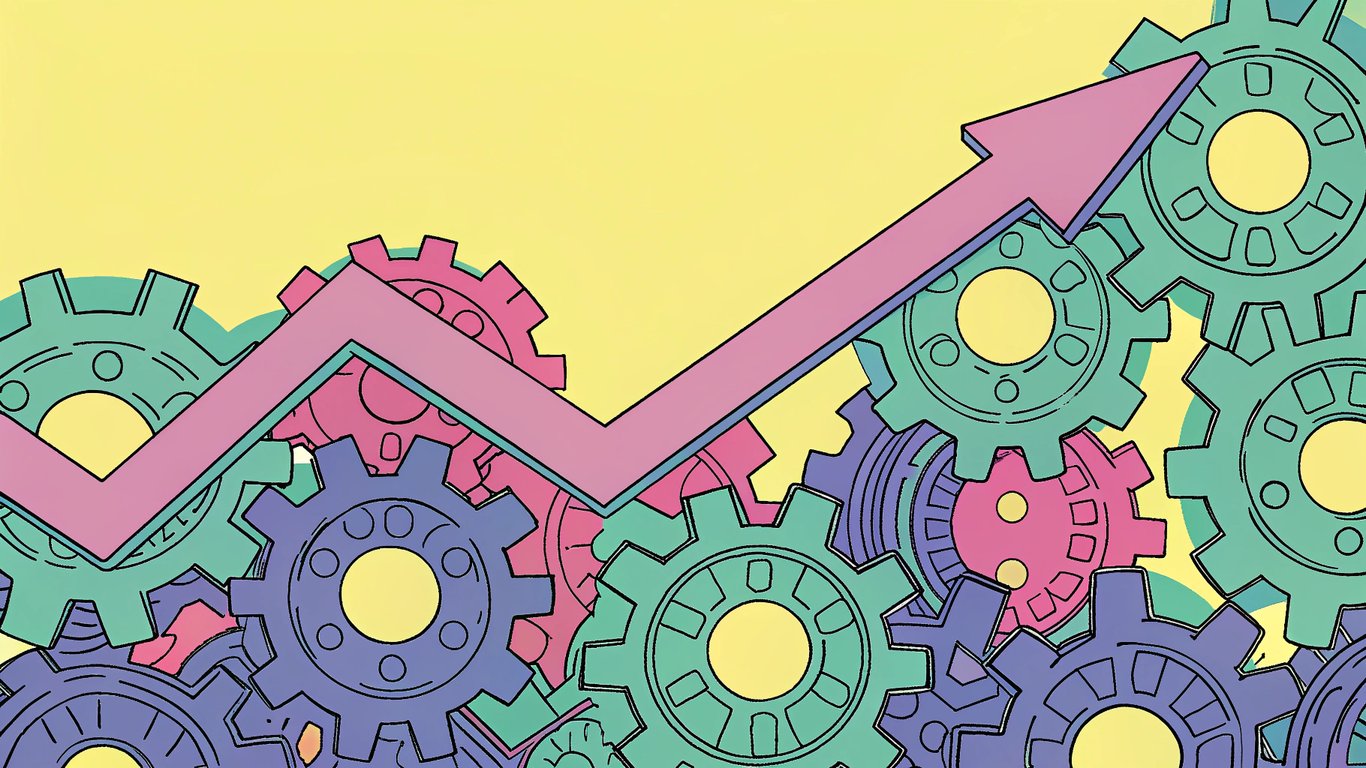 Illustration of a graph showing steady upward growth, with gears underneath representing a systematic process.