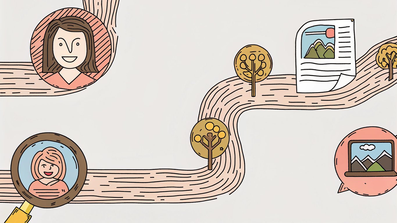 Illustration of a customer journey map with icons for search, website, and consultation leading to a happy customer.