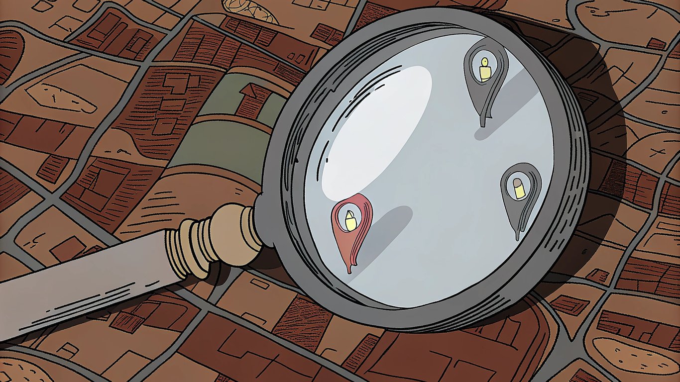 Illustration of a magnifying glass focusing on a prominent business pin on a digital map, representing optimized local search results.