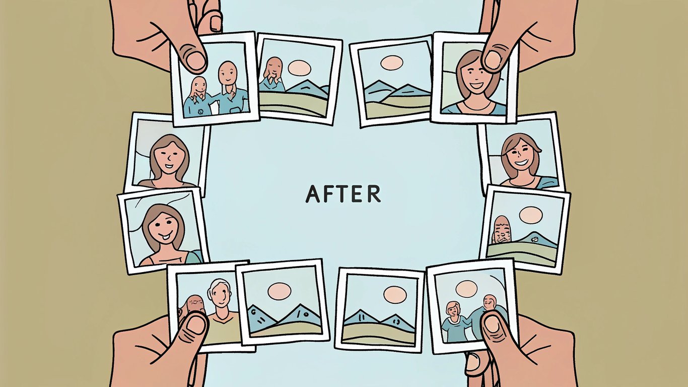 Illustration of a collage of before-and-after photos and testimonial speech bubbles surrounding a trust symbol.