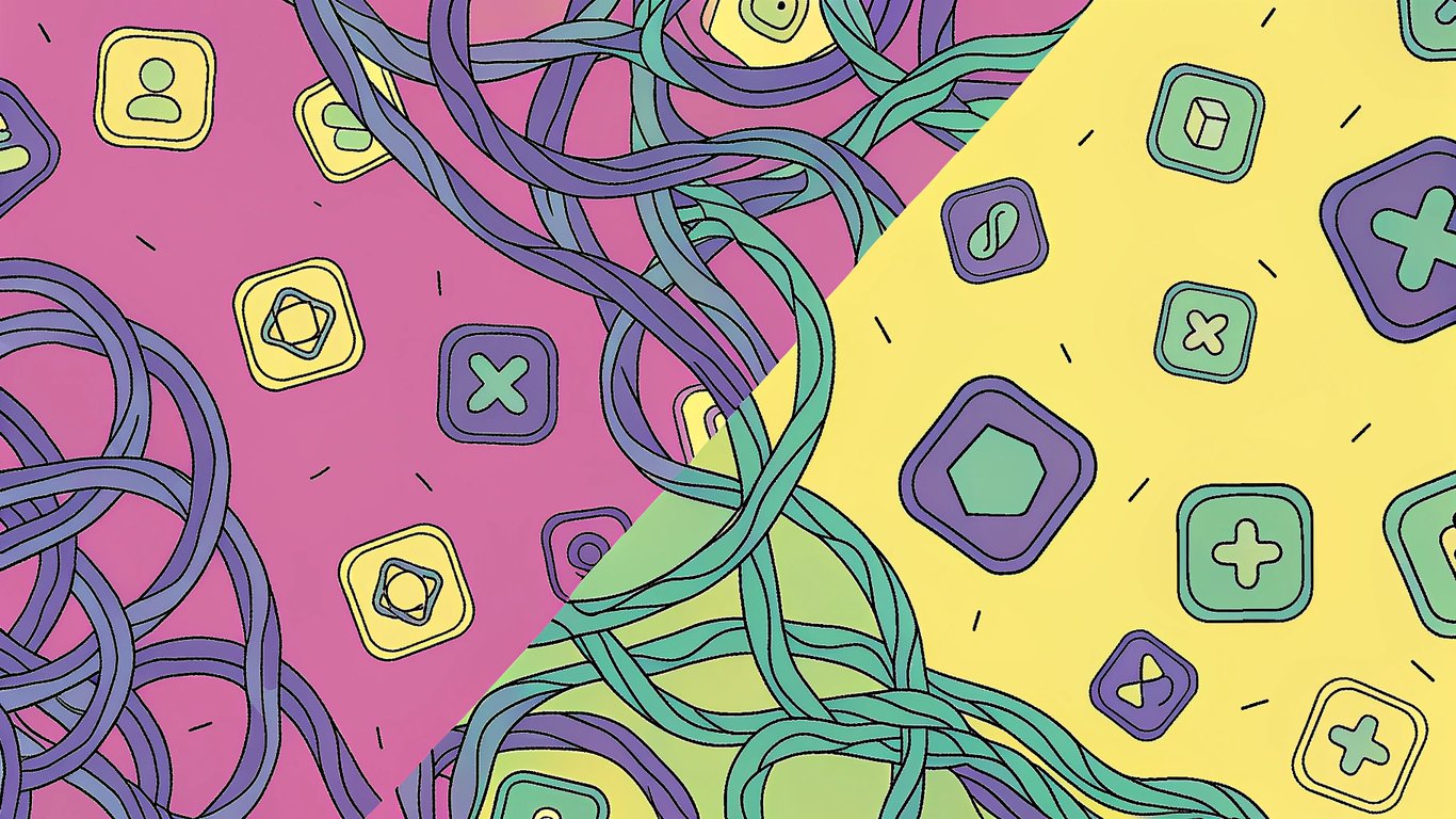 Illustration contrasting disorganized, disconnected software applications with a streamlined, integrated technology stack.