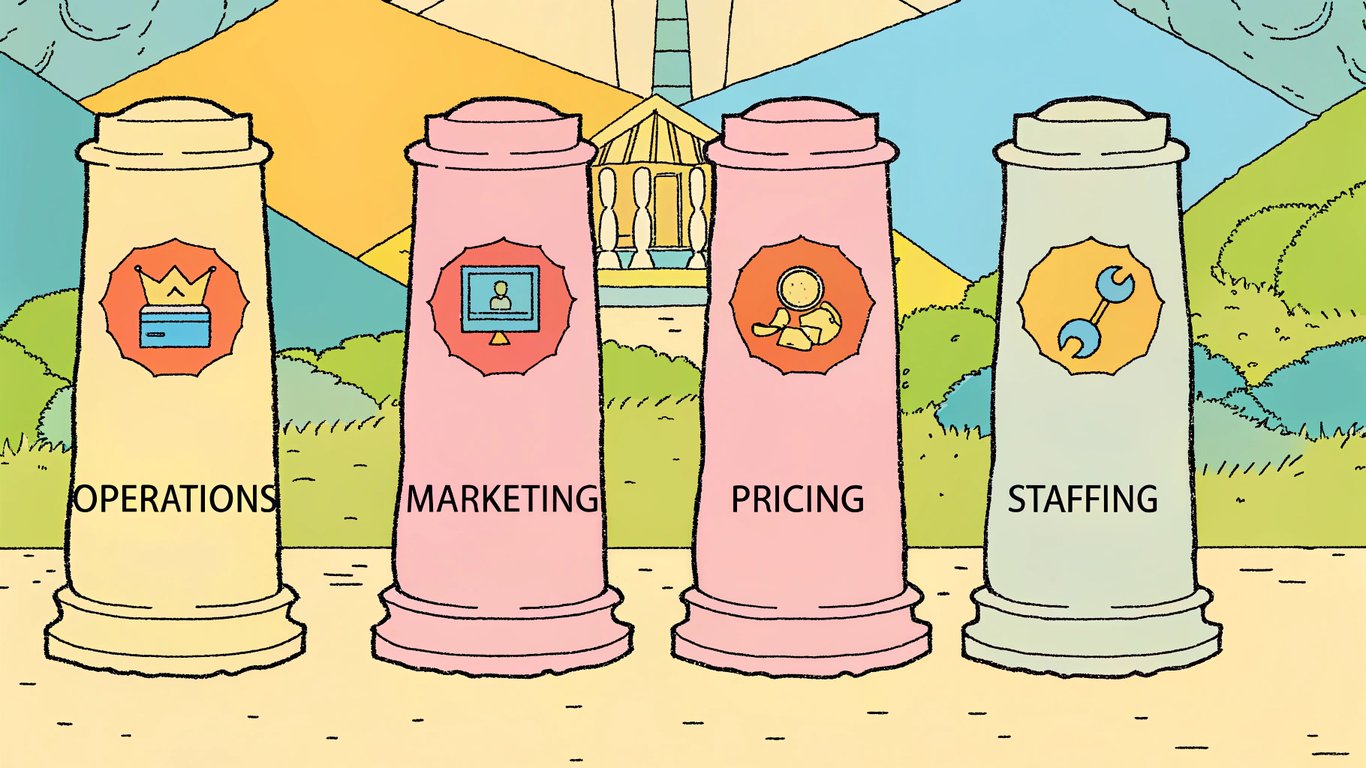 Diagram showing four interconnected pillars labeled Operations, Marketing, Pricing, and Staffing, forming a stable foundation.