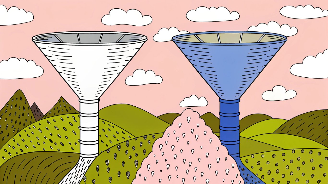 An illustration comparing a wide marketing funnel with many low-quality leads to a narrow funnel with fewer, high-quality leads.