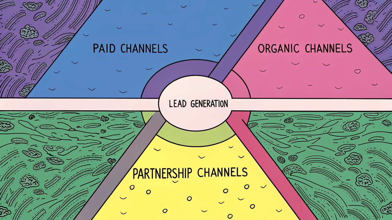 A diagram illustrating three lead generation categories: Paid, Organic, and Partnership Channels.