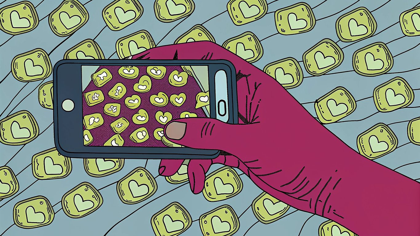 An illustration of a compelling social media ad on a smartphone screen, capturing attention amidst a scrolling feed.