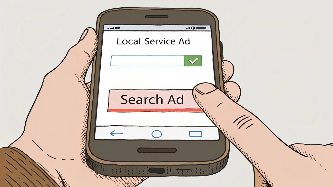An illustration showing the typical layout of Google Local Service Ads above Google Search Ads on a mobile search results page.