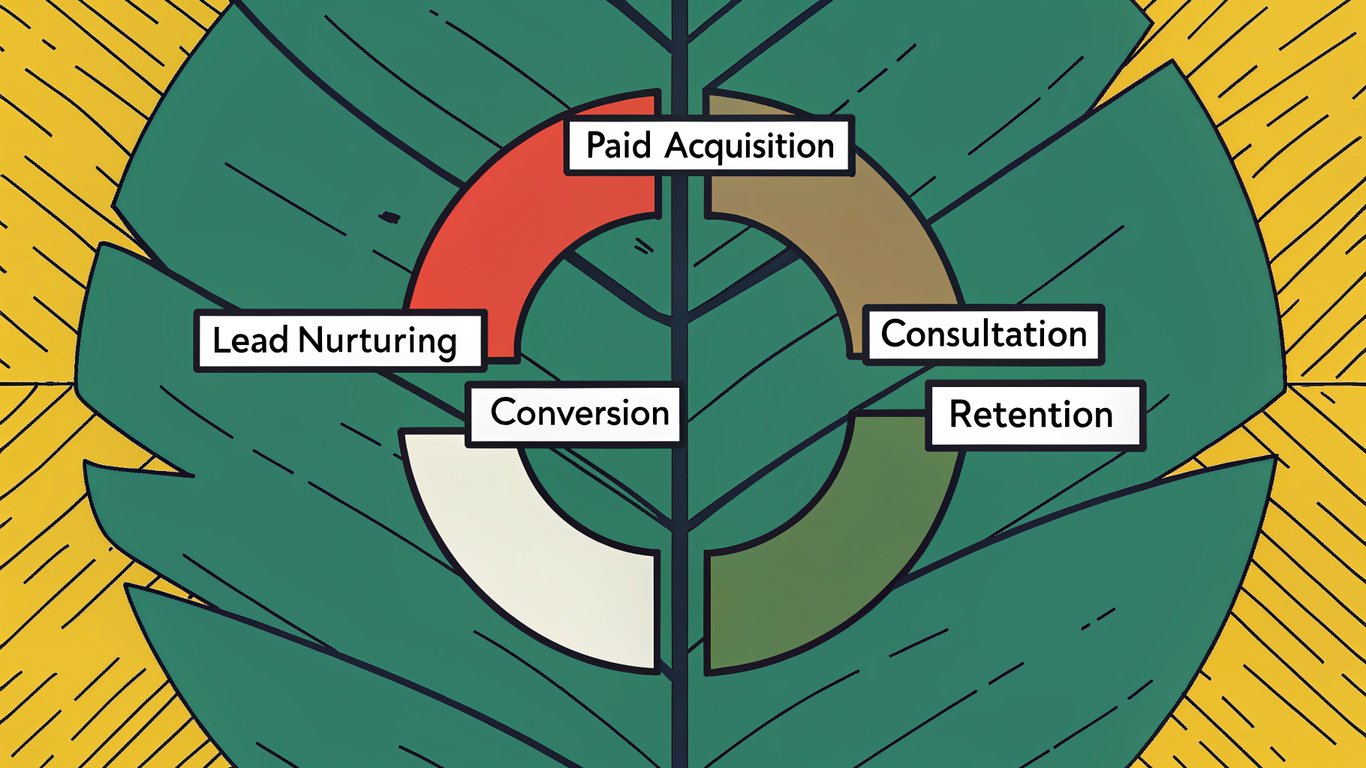 Diagram showing a circular patient lifecycle with stages: Paid Acquisition, Lead Nurturing, Consultation Conversion, and Retention.