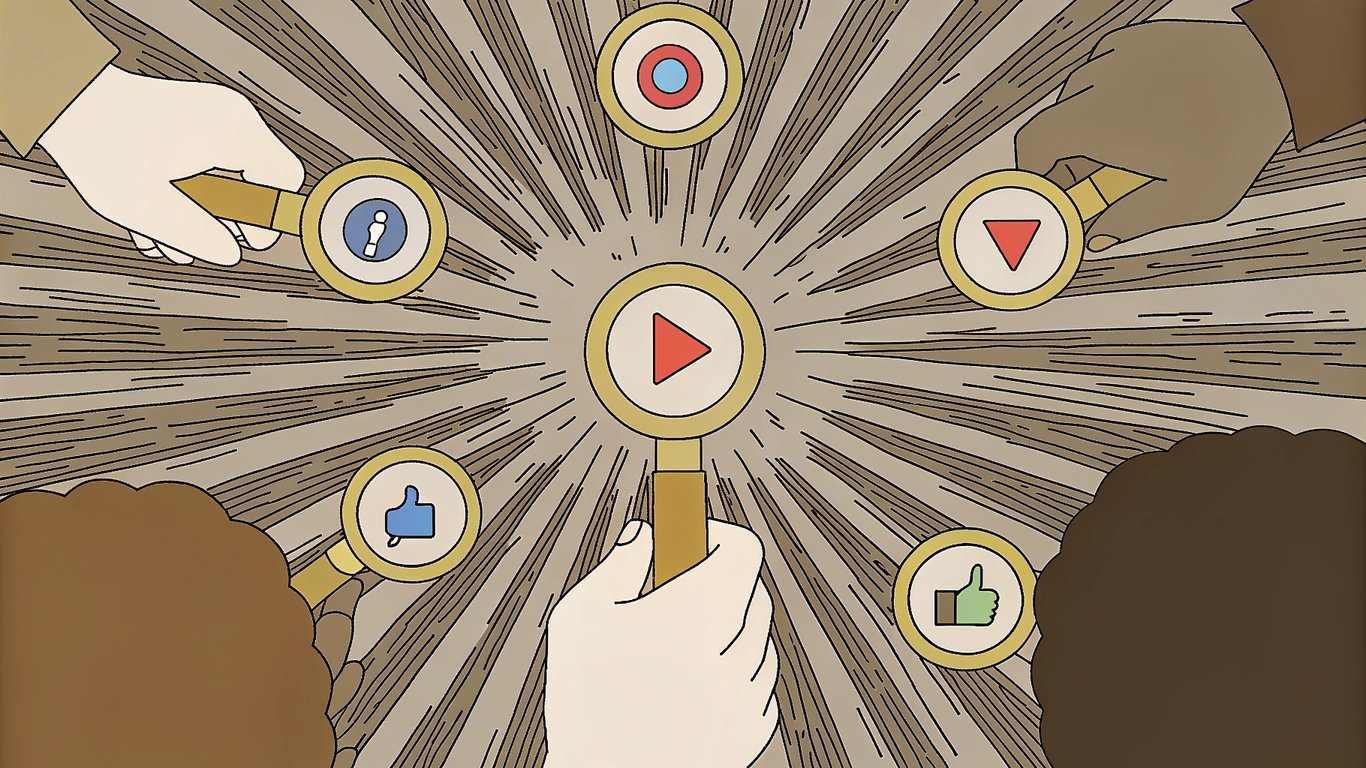 Icons representing various digital advertising platforms like search engines, social media, and video, targeting a central audience.