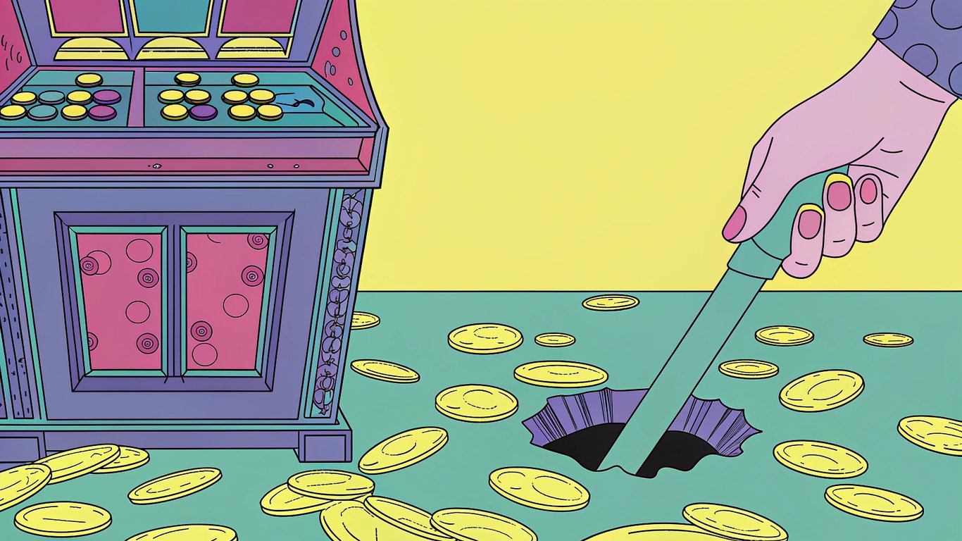 Illustration of a hand pulling a slot machine lever with coins falling, representing risky, short-term marketing.