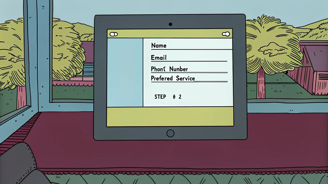 A simplified online booking form on a tablet screen with minimal fields and a progress indicator.