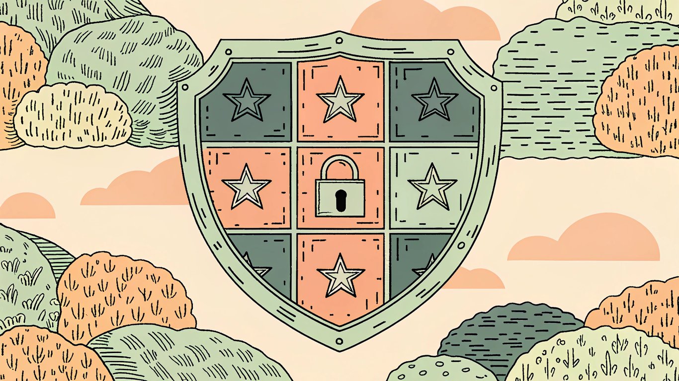 A shield icon representing trust, made up of star ratings, certification badges, and a security lock.
