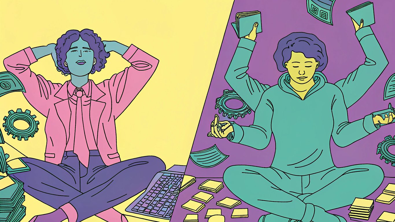 Illustration showing a stressed person juggling many tasks versus a calm person managing an efficient, scalable system.