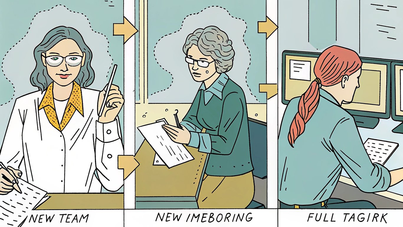 Illustration of a new employee progressing through a structured 30-60-90 day onboarding plan.