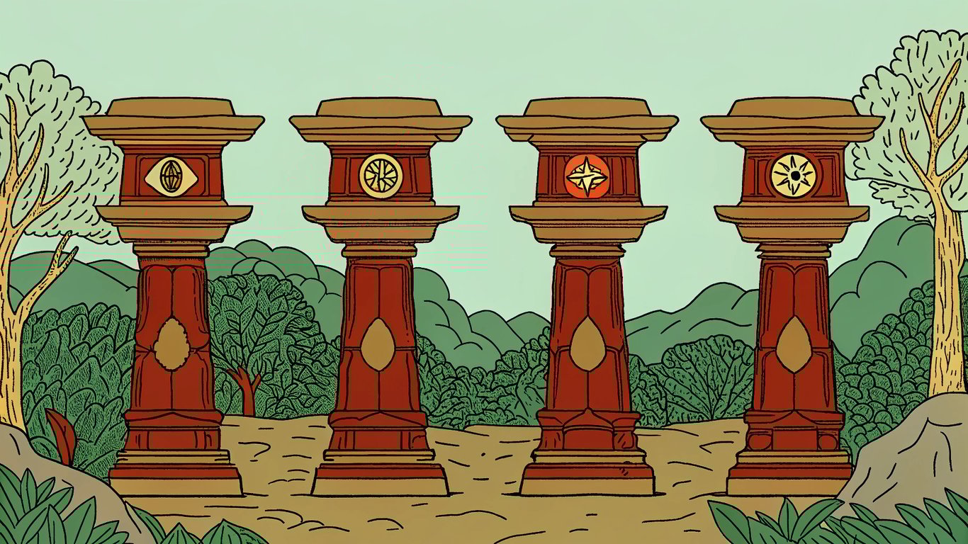 Illustration of four pillars supporting a structure, representing strategic hiring, documented procedures, referral systems, and marketing automation.