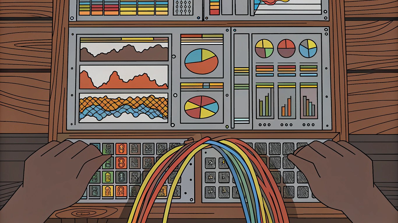 Illustration of a digital analytics dashboard showing data flow from multiple sources.