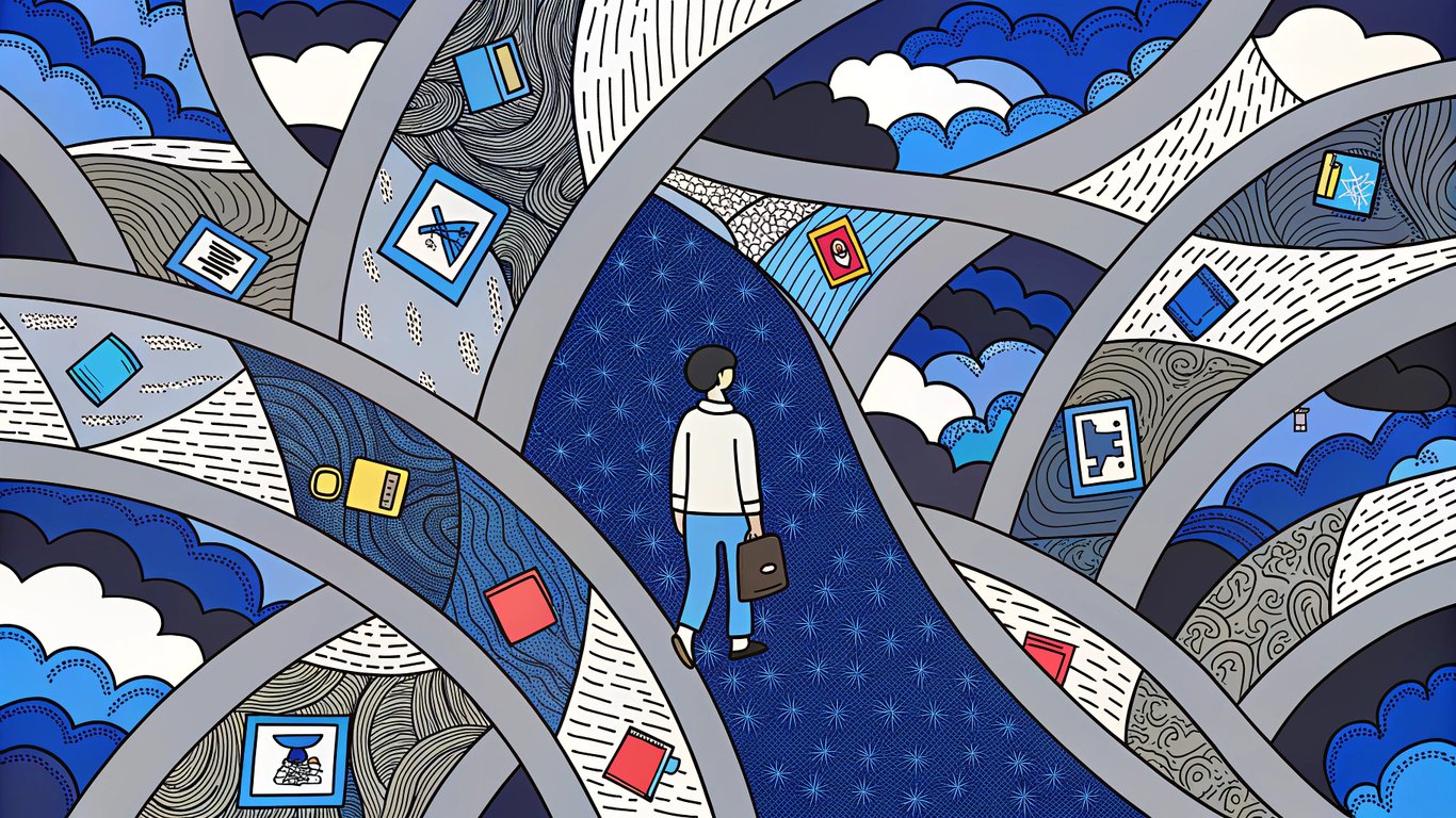 Illustration of a person navigating a complex path with regulatory signs, symbolizing medical spa advertising challenges.