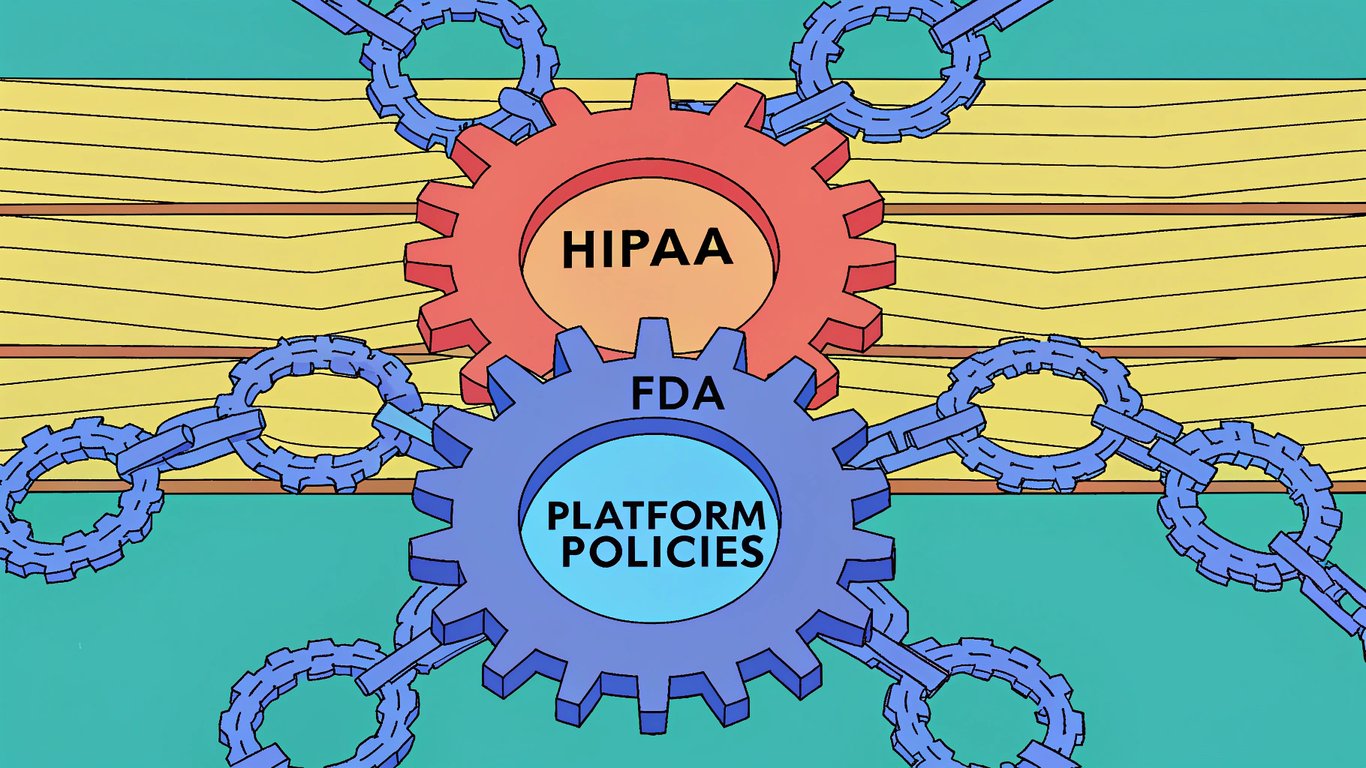 Illustration of interlocking gears representing HIPAA, FDA, and platform policies, forming a shield around an ad.