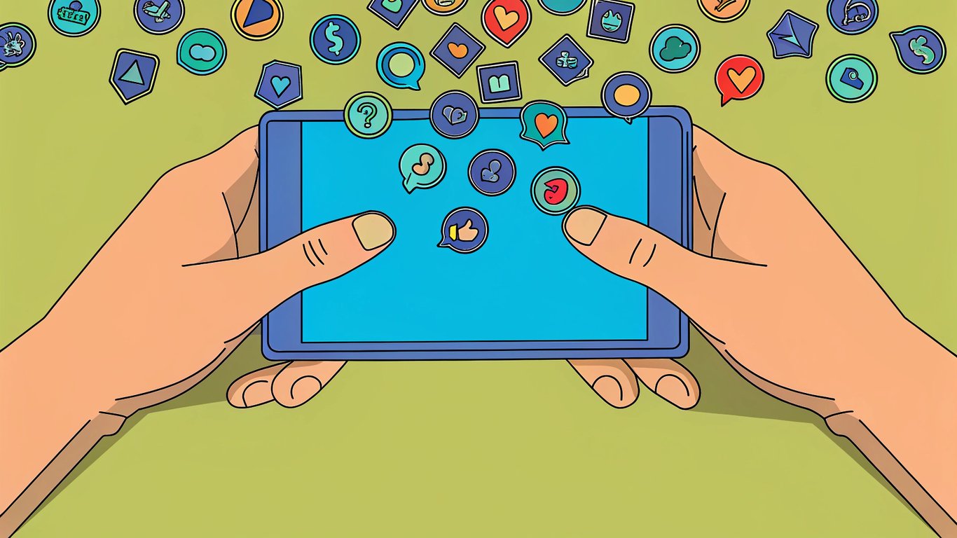 Hands holding a smartphone surrounded by social media and search app icons, illustrating online research.