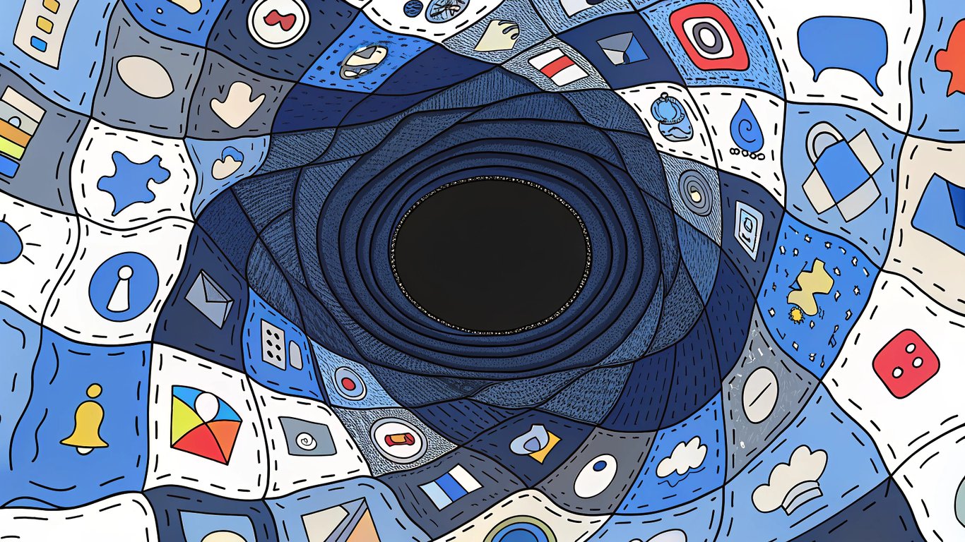 A patchwork quilt representing disorganized marketing, with a black hole consuming money in the center.