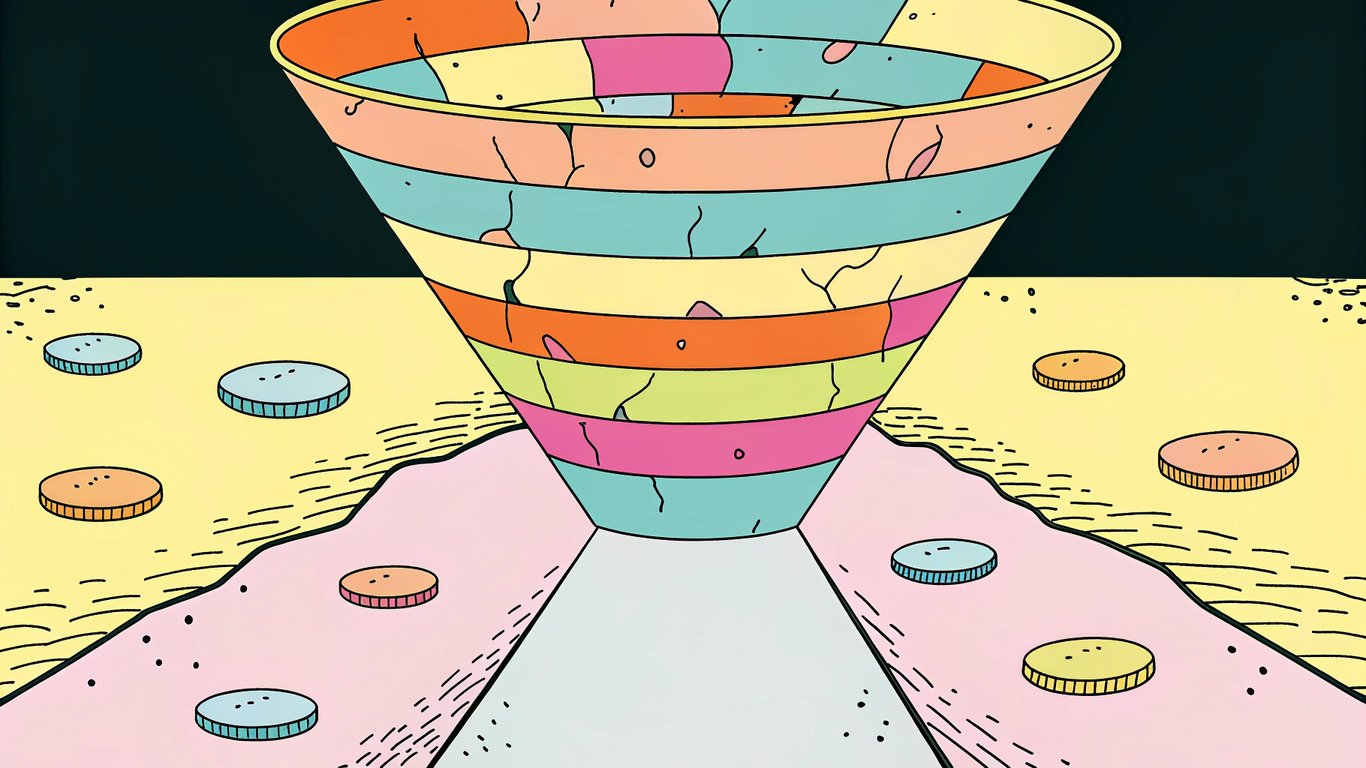 Illustration of a leaky marketing funnel with leads escaping through cracks, symbolizing common funnel mistakes.