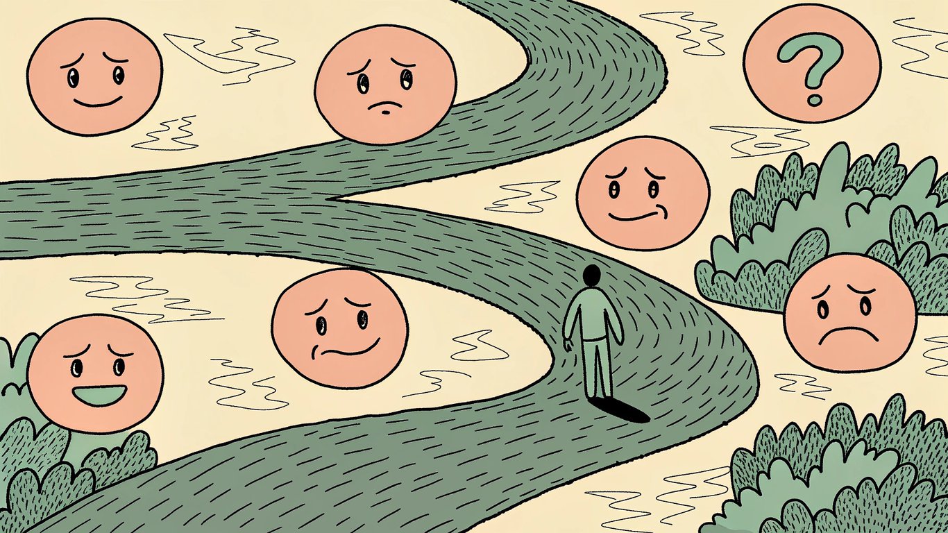 Illustration of a patient's emotional journey towards an aesthetic treatment decision, showing initial hesitation and eventual confidence.